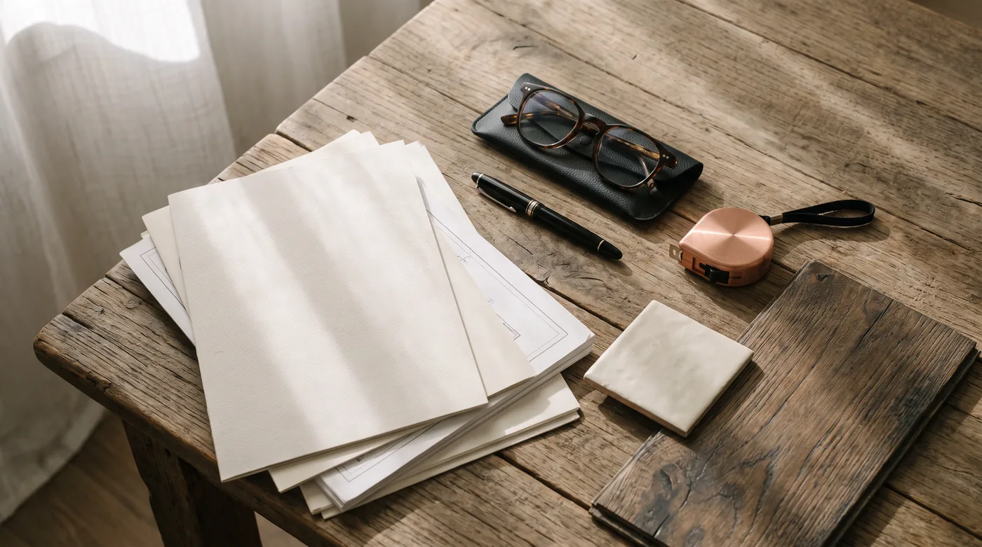 Project drawings, reading glasses, a pen, a tape measure and tile and flooring samples on a reclaimed-oak table