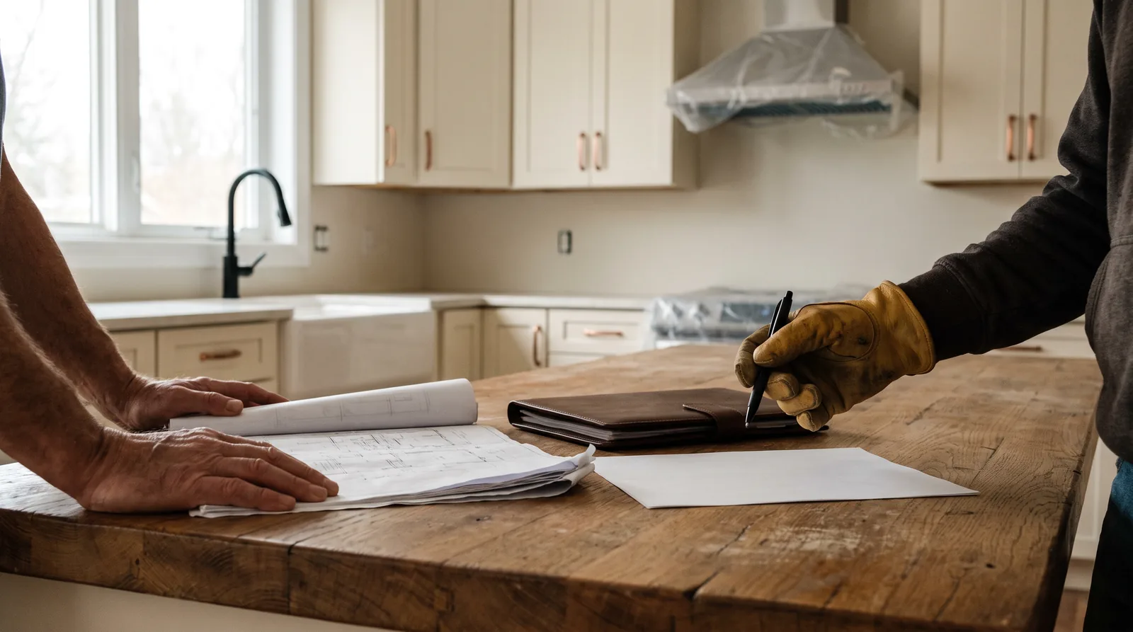 A homeowner and a contractor reviewing project drawings across a reclaimed-oak table