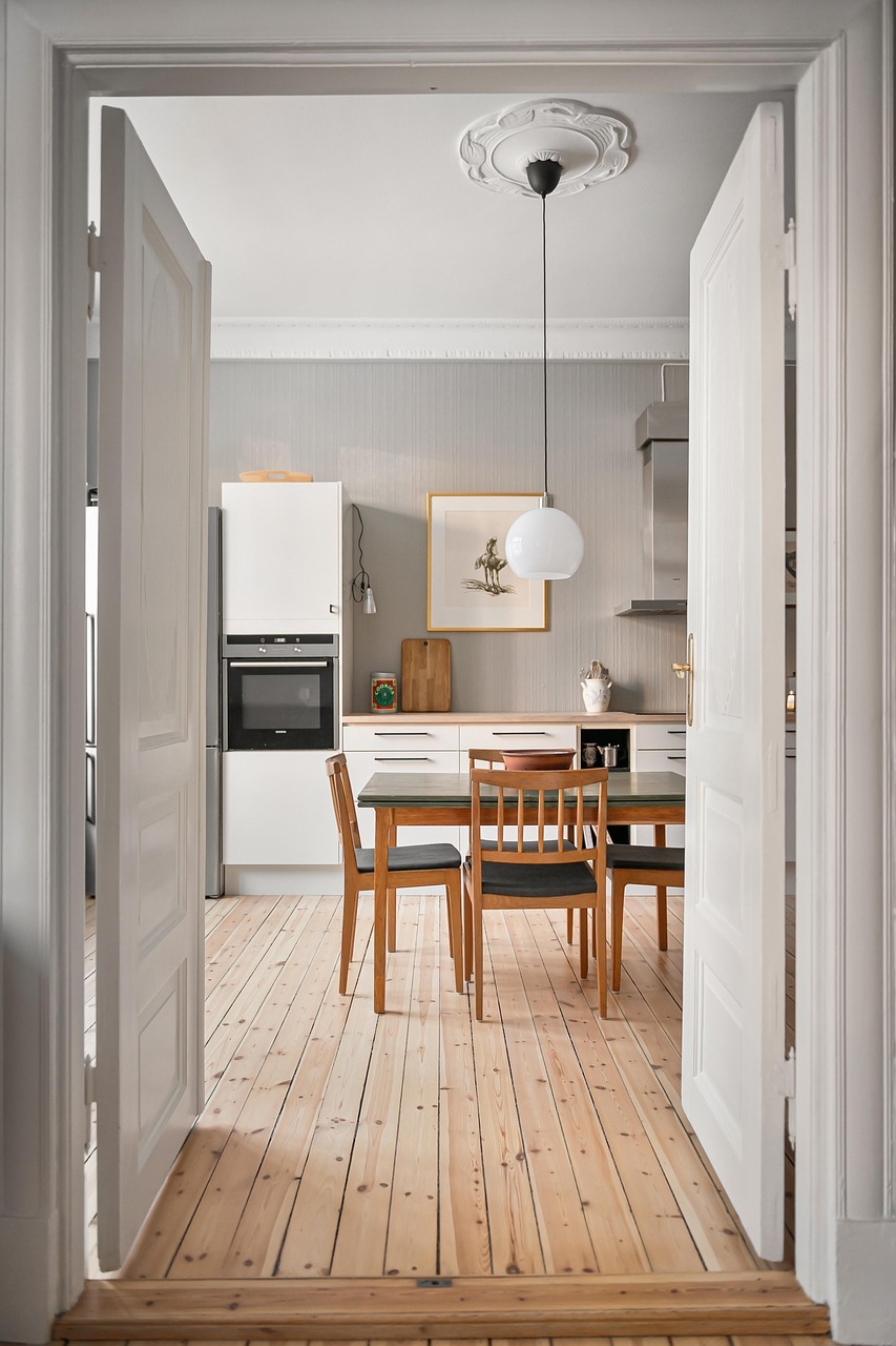 house, interior, real estate, dining room, table, chairs, luxury, floor, wooden, decor, cabinets, kitchen, windows, art, hallway, lamps, home